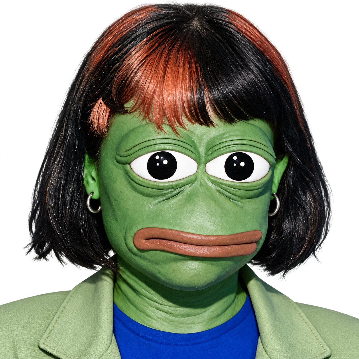 Claudia Pepe, a green frog woman with copper bangs, a black bob, silver hoops and a sage blazer